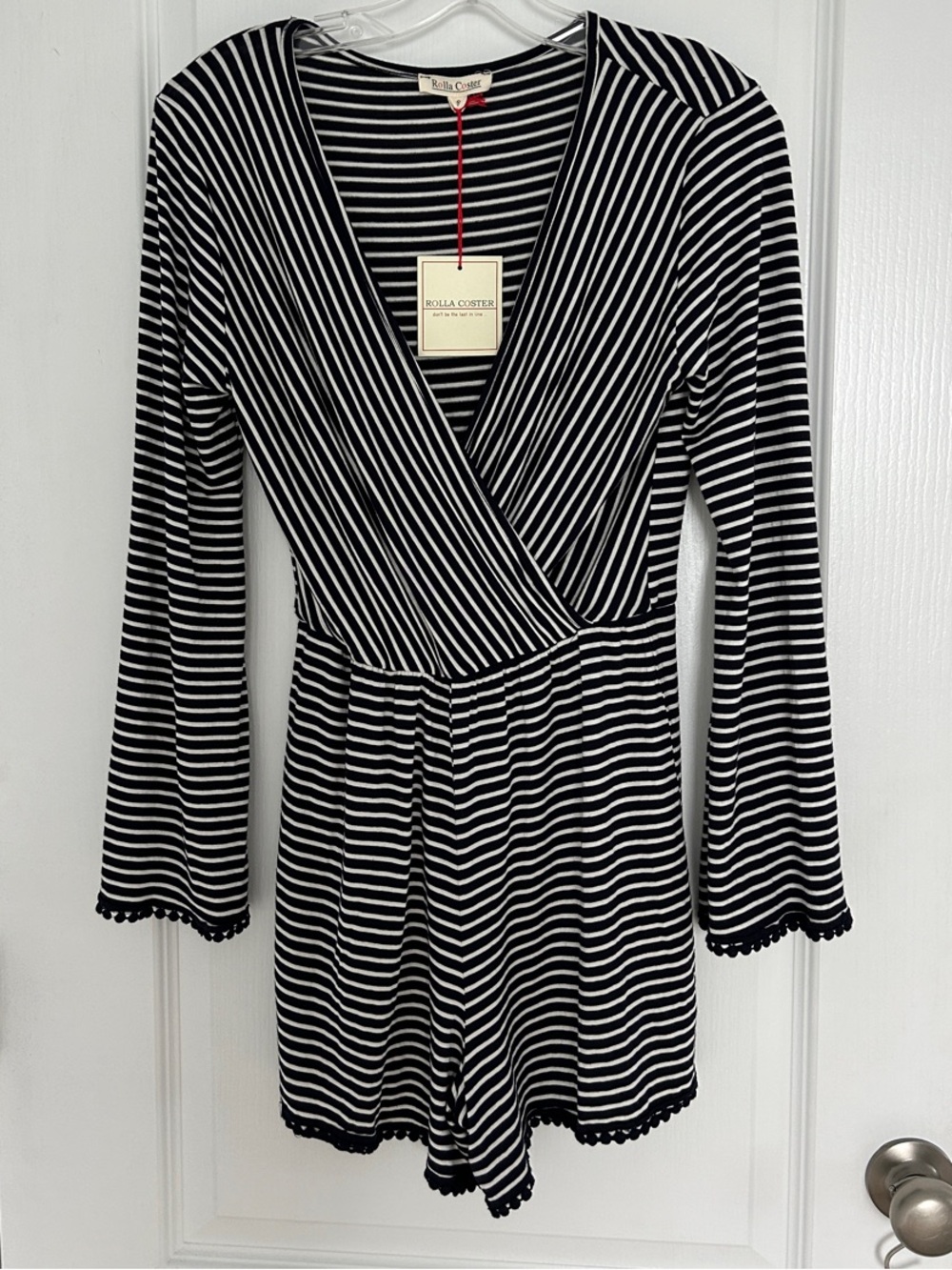 Rolla Coster Striped Long Sleeve Romper NWT Navy Blue White Pom Pom Trim Size Sm